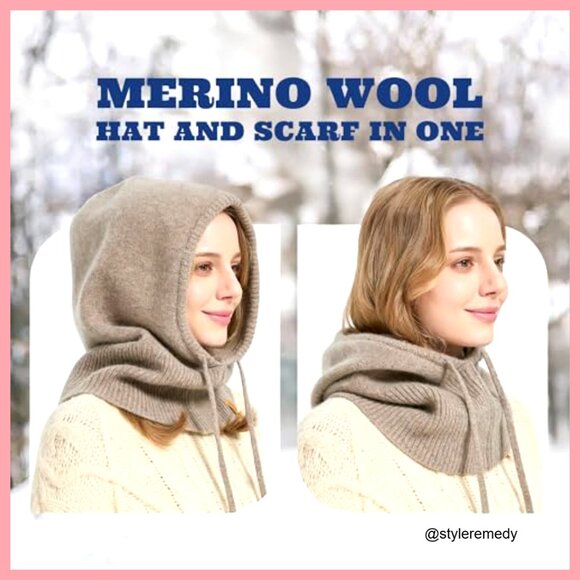100% Merino Wool Balaclava Hooded Scarf Hat Set Winter Warm main image 5